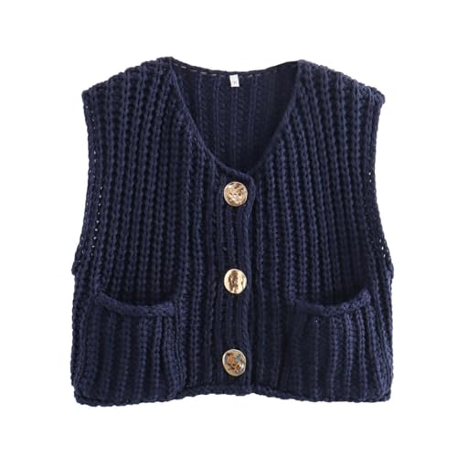 ZPLMIDE Damen-Pullover-Weste mit Knopfleiste, Grobstrickweste, Zopfstrick, ärmellos, Strickjacke, Häkeln, Knopfleiste, niedliches Strickweste, Top (Größe L, Marineblau) von ZPLMIDE