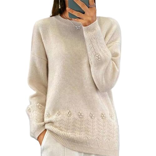 ZPLMIDE Damen-Pullover im Retro-Stil, einfarbig, Rundhalsausschnitt, Strickpullover, 2024, Herbst, langärmelig, Rundhalsausschnitt, warm, Größe M, Beige von ZPLMIDE