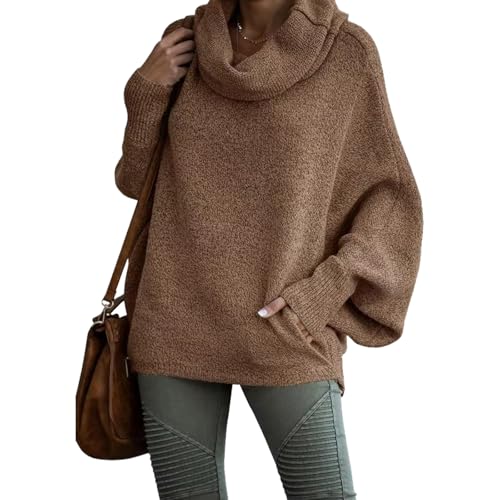 ZPLMIDE Damen-Pullover mit Fledermausärmel, Wasserfallkragen, mit Tasche, Damen-Rollkragen, Fledermausärmel, locker, übergroßer Strickpullover, Pullover (S,Kamel) von ZPLMIDE