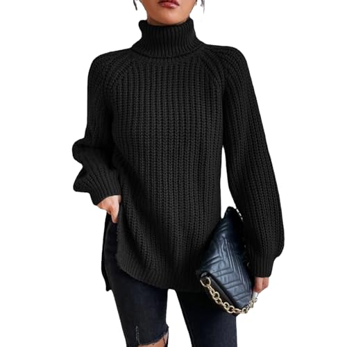 Damen Rollkragen-Strickpullover, einfarbig, Raglanärmel, geteilt, locker, lässiger Pullover (Schwarz, Größe 2XL) von ZPLMIDE