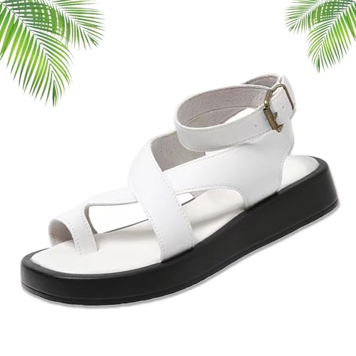 ZPLMIDE Damen-Sandalen aus echtem Leder, Plateau-Sandalen, Damen-Sandalen, dicke offene Zehen, römischer Strand, Weiß, Gladiator-Sandalen (42 EU, Weiß) von ZPLMIDE