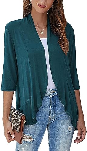 ZPLMIDE Einfarbige Strickjacke, Stretch-Blazer, Damen-Strickjacke, 3/4-Ärmel, offene Vorderseite, leichte Strickjacke, drapierte Rüschen von ZPLMIDE