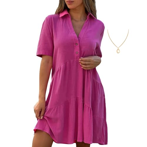 ZPLMIDE Einfarbiges bequemes Kleid mit Reversknöpfen, Übergröße, Sommerkleid, Damen, V-Ausschnitt, kurze Ärmel, Midi-Kleid, Rüschen, Strand, Urlaub, Sommerkleid (4XL, Rose) von ZPLMIDE