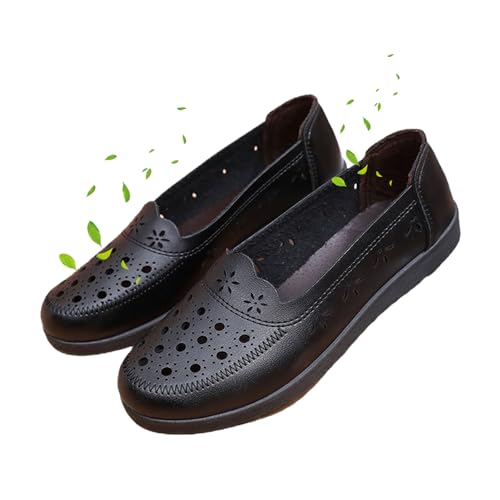 ZPLMIDE Flache Damenschuhe, lässig, atmungsaktiv, Wanderschuhe, bequeme PU-Leder-Loafer, hohl, Schlupfschuhe, Mokassins, weiche Innensohle, Bootsschuhe (38 EU, schwarz) von ZPLMIDE