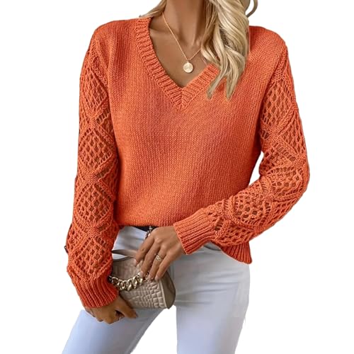 ZPLMIDE Häkelpullover mit V-Ausschnitt für Damen, Herbst 2024, Langarm, Hohlstrickpullover, Vollstrickpullover, Herbstpullover, Strickoberteile (Größe S, Orange) von ZPLMIDE