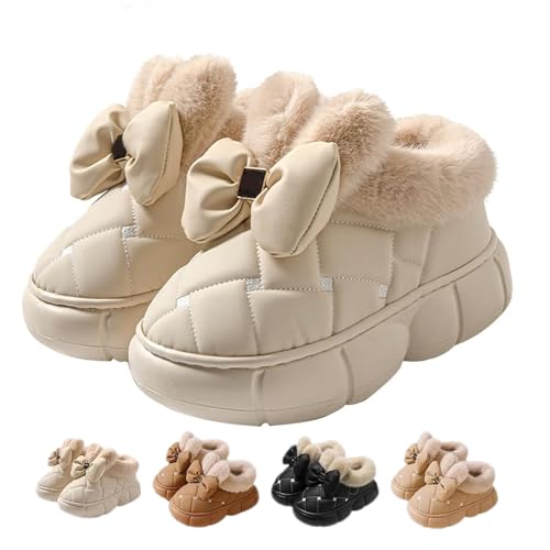 ZPLMIDE Hausschuhe für Damen, niedliches Schleifen-Design, Plüschfutter, Winter, warm, rutschfest, wasserdicht, dicke Sohle, Hausschleife für Damen (36–37 EU, Beige) von ZPLMIDE