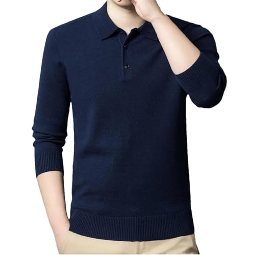 ZPLMIDE Herren-Poloshirt für Herbst, einfarbig, schmale Passform, lässig, langärmelig, warm, weich, Revers, Strickwaren, Büro, Golf, Poloshirt (Marineblau, Größe 3XL (80–90 kg)) von ZPLMIDE