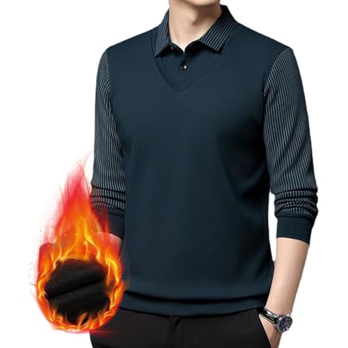 ZPLMIDE Herren-Poloshirt mit gestreiftem Revers, 2-teilig, schmale Passform, lässig, weich, warm, einfarbig, Größe XXL, Blau von ZPLMIDE