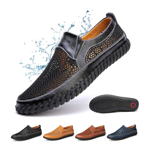 ZPLMIDE Herren-Sommer-Sandalen, hohle Slip-On-Slipper aus Netzstoff, atmungsaktiv, weich, flach, Fahrschuhe, geschlossener Zehenbereich, Strand, Wasserschuhe (38 EU, schwarz) von ZPLMIDE