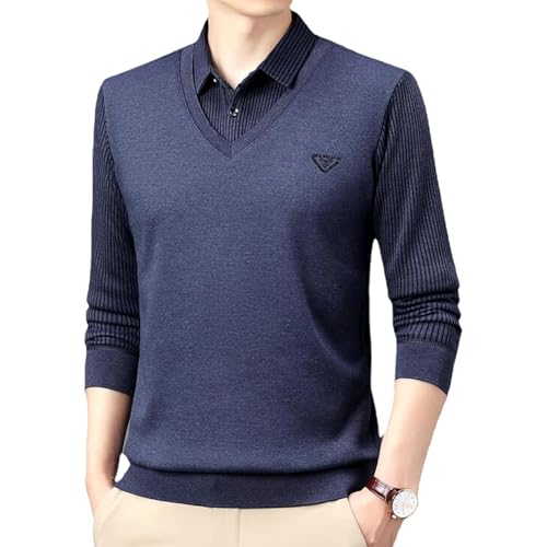 ZPLMIDE Herren-Strickpullover, 2-teilig, warm, V-Ausschnitt, Revers, schmale Passform, lässig, weich, warm, für Väter (blau-dünn, M/165) von ZPLMIDE