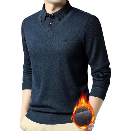 ZPLMIDE Herren-Strickpullover, 2-teilig, warm, V-Ausschnitt, Revers, schmale Passform, lässig, weich, warm, für Väter (grün-Plüsch, XL/175) von ZPLMIDE