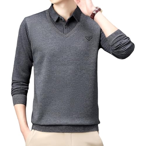 ZPLMIDE Herren gefälschter 2-teiliger Strickpullover für Herren, warm, V-Ausschnitt, Revers, schmale Passform, lässig, weich, warm, Pullover für Väter (grau-dünn, XXL/180) von ZPLMIDE