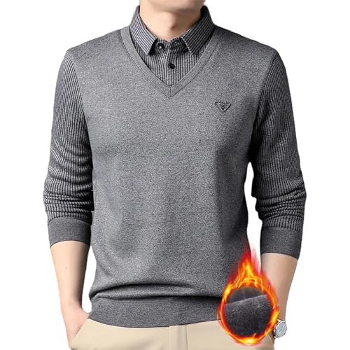 ZPLMIDE Herren gefälschter 2-teiliger Strickpullover für Herren, warm, V-Ausschnitt, Revers, schmale Passform, lässig, weich, warm, Pullover für Väter von ZPLMIDE