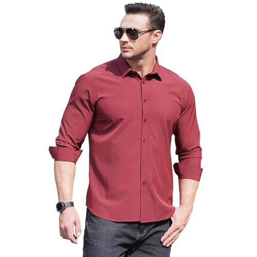 ZPLMIDE Herrenhemd, langärmelig, Übergröße (L-10XL), einfarbig, schmale Passform, lässig, Business, formell, Knopfleiste, ideal für Hochzeit, Arbeit (215/8XL, Rot) von ZPLMIDE