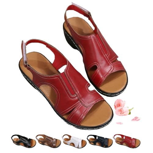 ZPLMIDE Keilsandalen für Damen, hochwertiges Leder, orthopädische Sandalen, offene Zehenkeile, lässige römische Schuhe für Outdoor-Sport, Wandern (35 EU, Rot) von ZPLMIDE