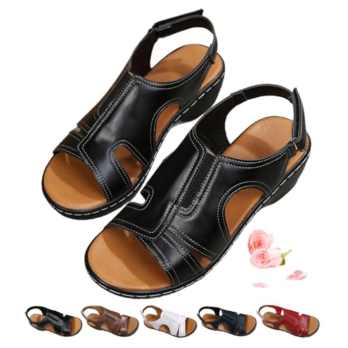 ZPLMIDE Keilsandalen für Damen, hochwertiges Leder, orthopädische Sandalen, offene Zehenkeile, lässige römische Schuhe für Outdoor-Sport, Wandern (35 EU, Schwarz) von ZPLMIDE