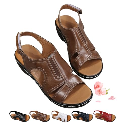 ZPLMIDE Keilsandalen für Damen, hochwertiges Leder, orthopädische Sandalen, offene Zehenkeile, lässige römische Schuhe für Outdoor-Sport, Wandern (42 EU, Braun) von ZPLMIDE