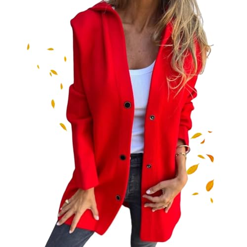 ZPLMIDE Lässige einreihige Kapuzenjacke, langer Damen-Trenchcoat, Erbsenmantel, lässig, einreihig, Kapuzenjacke, Mantel, Größe L, Rot von ZPLMIDE