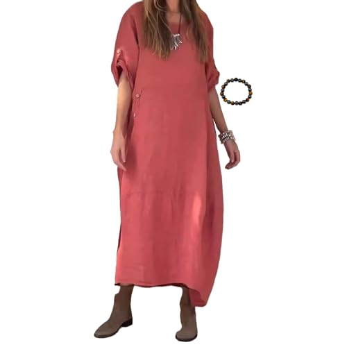 ZPLMIDE Lose Übergröße Baumwolle Leinen Kleid für Frauen Frauen Vintage Baumwolle Leinen Maxikleid Elegant Flowy Oversize Kleid, rot, XXXXL von ZPLMIDE