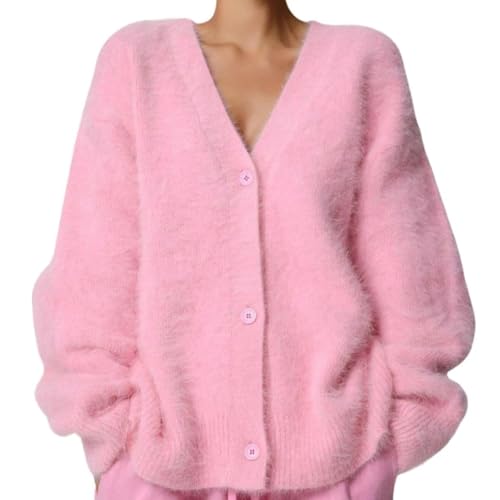 ZPLMIDE Luxuriöse Kaschmir-Cardigan, Damen-Strickpullover, Strickjacke, einfarbig, flauschig, V-Ausschnitt, vorne offen, stilvolle warme Jacke (Größe M, Rosa) von ZPLMIDE