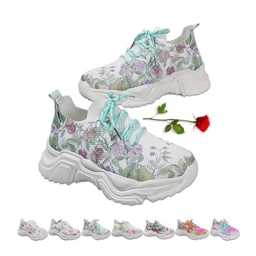ZPLMIDE Orthopädische Damen-Sneaker mit Blumendruck, Schnürung, atmungsaktiv, orthopädische Sneaker, buntes Netzgewebe, rutschfest, dicke Schuhe (39 EU, Blumen-4) von ZPLMIDE