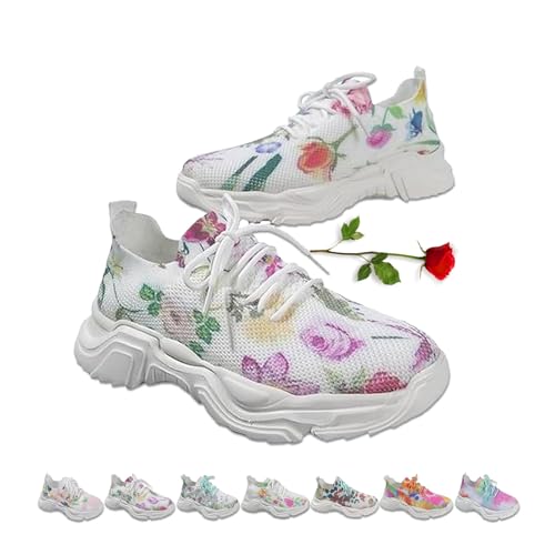 ZPLMIDE Orthopädische Damen-Sneaker mit Blumendruck, Schnürung, atmungsaktiv, orthopädische Sneaker, buntes Netzgewebe, rutschfest, dicke Schuhe (43 EU, Blumen-7) von ZPLMIDE