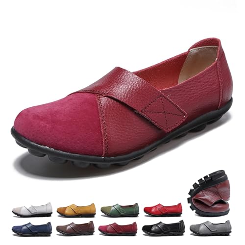 ZPLMIDE Orthopädische Loafer für Damen, aus atmungsaktivem Leder, breite Passform, Lederloafer, klassische Mokassins, lässige Schlupfschuhe, Wanderschuhe (35 EU, Burgunderrot) von ZPLMIDE