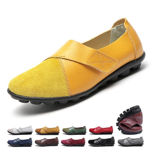 ZPLMIDE Orthopädische Loafer für Damen, aus atmungsaktivem Leder, breite Passform, Lederloafer, klassische Mokassins, lässige Schlupfschuhe, Wanderschuhe (45 EU, Gelb) von ZPLMIDE