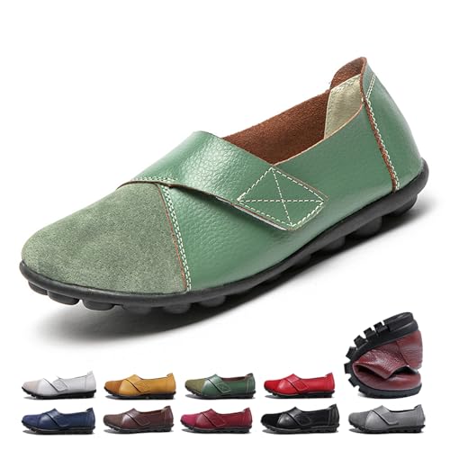 ZPLMIDE Orthopädische Loafer für Damen, aus atmungsaktivem Leder, breite Passform, Lederloafers, klassische Mokassins, lässige Schlupfschuhe, Wanderschuhe (41 EU, Grün) von ZPLMIDE