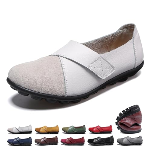 ZPLMIDE Orthopädische Loafer für Damen, aus atmungsaktivem Leder, breite Passform, klassische Mokassins, lässige Schlupfschuhe, Wanderschuhe (40 EU, Weiß) von ZPLMIDE