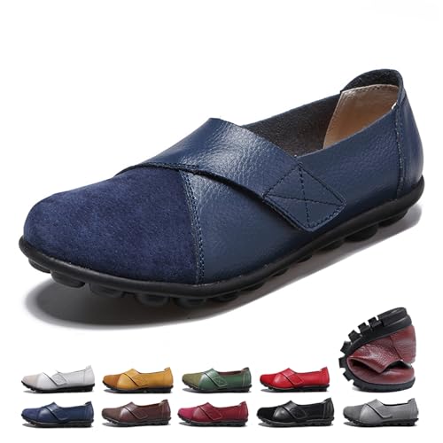 ZPLMIDE Orthopädische Loafer für Damen, aus atmungsaktivem Leder, breite Passform, klassische Mokassins, lässige Schlupfschuhe, Wanderschuhe (43 EU, Blau) von ZPLMIDE