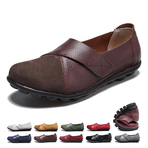 ZPLMIDE Orthopädische Loafer für Damen, aus atmungsaktivem Leder, breite Passform, klassische Mokassins, lässige Schlupfschuhe, Wanderschuhe (43 EU, Kaffee) von ZPLMIDE