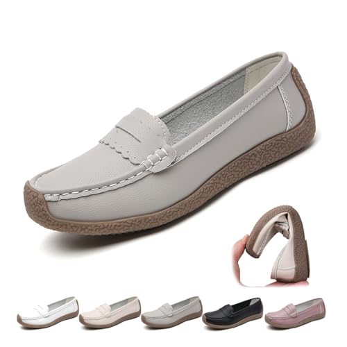 ZPLMIDE Orthopädische Loafer für Damen, aus atmungsaktivem Leder, klassische Mokassins, lässige Schlupfschuhe, breite Passform, Leder-Loafer, Wanderschuhe (41 EU, Grau) von ZPLMIDE