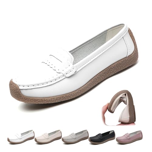 ZPLMIDE Orthopädische Loafer für Damen, aus atmungsaktivem Leder, klassische Mokassins, lässige Schlupfschuhe, breite Passform, Leder-Loafer, Wanderschuhe (41 EU, Weiß) von ZPLMIDE