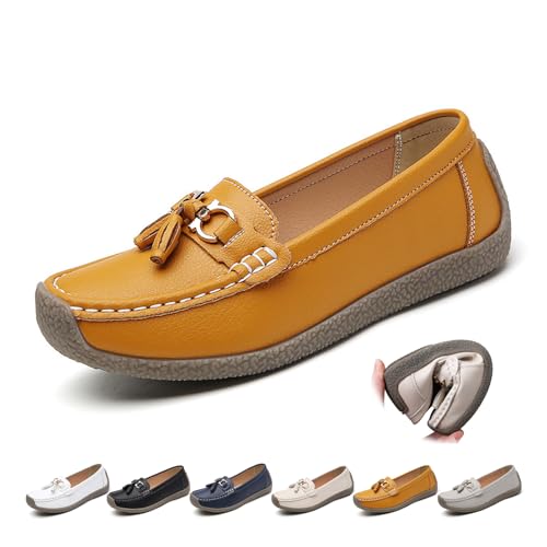 ZPLMIDE Orthopädische Loafer für Damen, aus atmungsaktivem Leder, klassische Mokassins, lässige Schlupfschuhe, breite Passform, PU-Leder, Loafer, Wanderschuhe (36 EU, Gelb) von ZPLMIDE