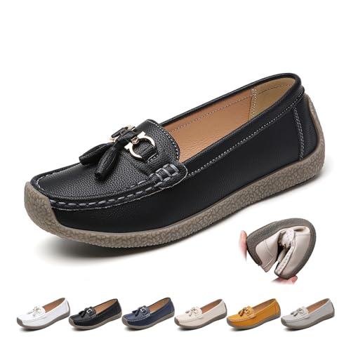 ZPLMIDE Orthopädische Loafer für Damen, aus atmungsaktivem Leder, klassische Mokassins, lässige Schlupfschuhe, breite Passform, PU-Leder, Loafer, Wanderschuhe (36 EU, Schwarz) von ZPLMIDE