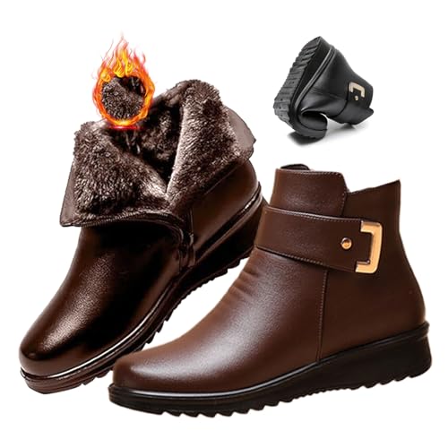 ZPLMIDE Orthopädische Stiefel für Damen, Metallschnalle, echtes Leder, Wolle, Winter, warm, rutschfest, seitlicher Reißverschluss, Leder, knöchelhoch, Schneestiefel mit runder Zehenpartie von ZPLMIDE