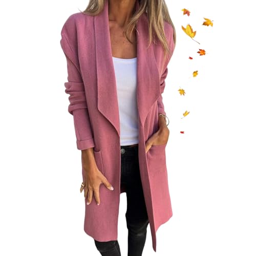 ZPLMIDE Reverskragen Casual Langarm Open Front Oberbekleidung 2024 Lady Herbst Coatigan Mantel Oversized Casual Cardigan Jacke mit Taschen (L,Rosa) von ZPLMIDE