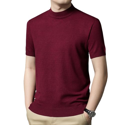 ZPLMIDE Rollkragenpullover für Herren, kurzärmelig, lässig, Basic, gerippt, einfarbig, weich, dünn, Jersey, Strickpullover (XL, Rot) von ZPLMIDE