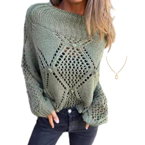 ZPLMIDE Rundhalsausschnitt, langärmelig, Strickoberteil mit hohlem Design, Damen-Häkelpullover, lockerer Pullover, Tunika, Top, T-Shirt (L, Grün) von ZPLMIDE