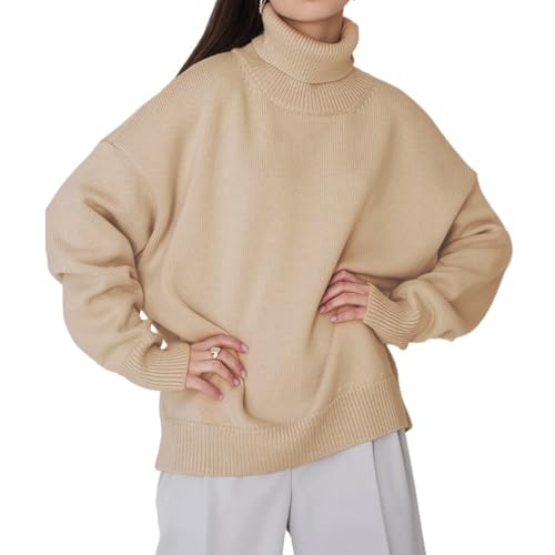 ZPLMIDE Solider Rollkragen-Strickpullover für Damen, lässig, locker, grob, langärmelig, Strickpullover, trendig, Herbst und Winter, Basic-Pullover (Größe L, Khaki) von ZPLMIDE