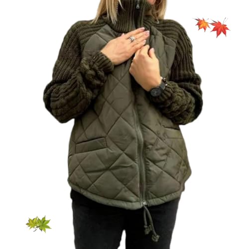 ZPLMIDE Strick-Patchwork Pufferjacke für Damen Patchwork Pufferjacken für Damen 2024, gemütlich Herbst/Winter Oberbekleidung (Army Green,XXL) von ZPLMIDE