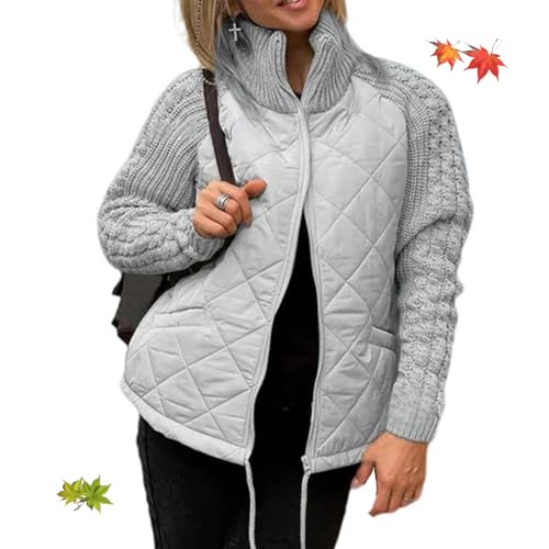 ZPLMIDE Strick-Patchwork Pufferjacke für Damen Patchwork Pufferjacken für Damen 2024, gemütlich Herbst/Winter Oberbekleidung (Grey,S) von ZPLMIDE