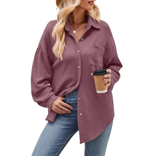 ZPLMIDE Waffelhemden für Damen, Knopfleiste, lässig, langärmelig, Bluse, Tops, Jacke, Cardigan, übergroße Hemden für Damen, Büro, Arbeit (XL, Violett) von ZPLMIDE