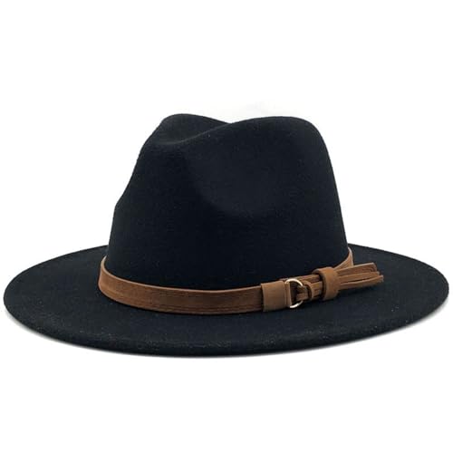 ZPLMIDE Wollfilz Widet Brim Fedora Hut für Damen/Herren, Winter Unisex Panama Hut Kirche Jazz Cap mit Gürtel Cowboy Cap Sonnenhut, Schwarz , L(58-61cm) von ZPLMIDE