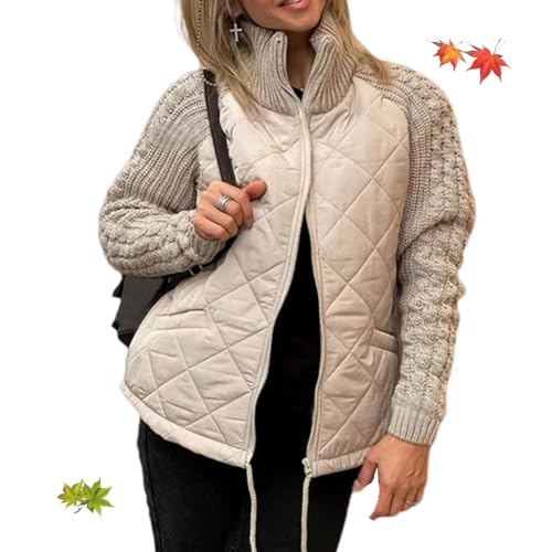 ZPLMIDE Women's Knit Patchwork Puffy Jacket, Casual Solid Color Knitted Patchwork Zipped Jacket Lightweight Stand Collar Coats (Khaki,XL) von ZPLMIDE