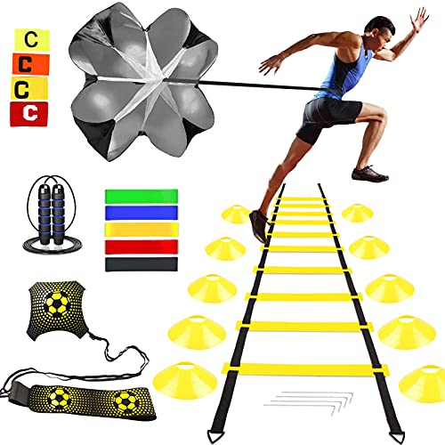 Fußball Trainingsset, Fussball Trainingszubehör Set, Agility Speed Ladder, 5m Koordinationsleiter, 10 x Kegel für Slalom, Widerstand Fallschirm, Springseil, 5 Widerstandsbänder, Fußball Kick Trainer Fußball Trainingsset, Fussball Trainingszubehör Set, Agility Speed Ladder, 5m Koordinationsleiter, 10 x Kegel für Slalom, Widerstand Fallschirm, Springseil, 5 Widerstandsbänder, Fußball Kick Trainer von ZPONEED