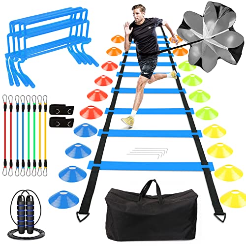 Fussball Trainingszubehör Beweglichkeits Trainingsset, 5M Koordinationsleiter Trainingsleiter, 4x Hürden, 20x Scheibenkegel, Widerstandsbänder, Widerstandsschirm und Springseil mit Tragetasche Fussball Trainingszubehör Beweglichkeits Trainingsset, 5M Koordinationsleiter Trainingsleiter, 4x Hürden, 20x Scheibenkegel, Widerstandsbänder, Widerstandsschirm und Springseil mit Tragetasche von ZPONEED