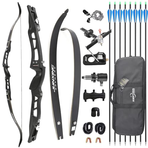 64'' Recurvebogen Set für Erwachsene Bogen und Pfeil Set für Bogenschießen Takedown Recurve Bogen 20lbs-40lbs Recurve-Wettkampfbogen mit allem Zubehör und Bogentasche (32lbs, Schwarz) von ZSHJGJR