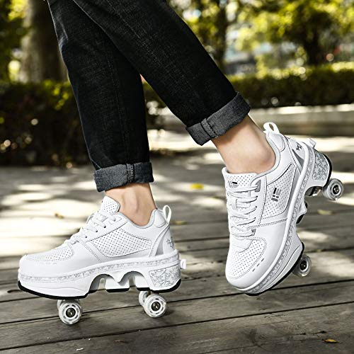 Inline-Skate, 2-in-1-Mehrzweckschuhe, Verstellbare Quad-Rollschuh-Stiefel,EUR34-White von ZSPSHOP